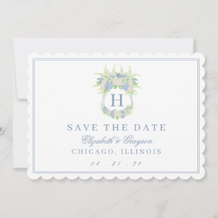 Watercolor Blue and White Hydrangea Crest Save The Date