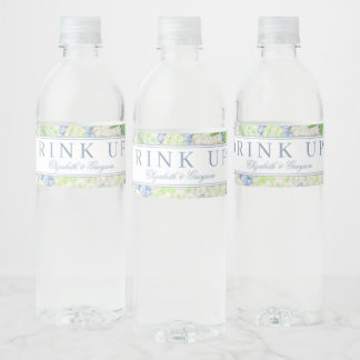 Watercolor Blue and White Hydrangea Crest Water Bottle Label