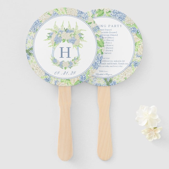 Watercolor Blue and White Hydrangea Crest Wedding Hand Fan (Front and Back)