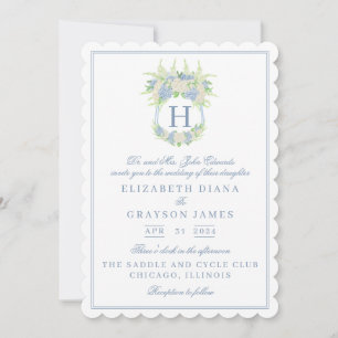 Watercolor Blue and White Hydrangea Crest Wedding Invitation