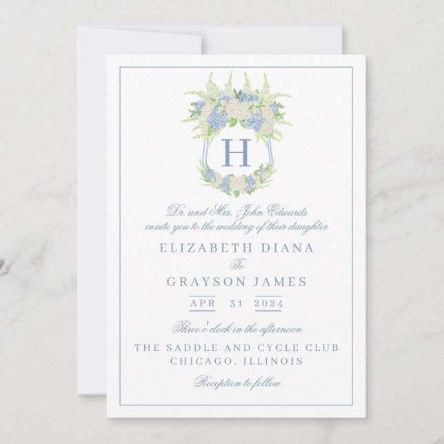 Watercolor Blue and White Hydrangea Crest Wedding Invitation (Front)
