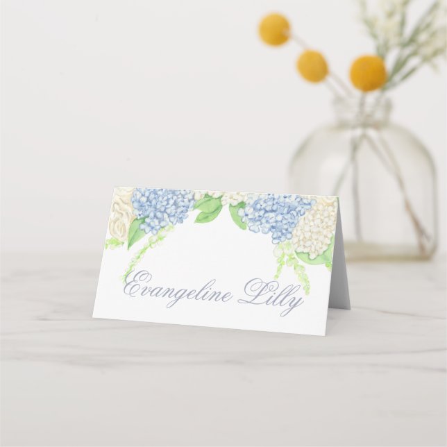 Watercolor Blue and White Hydrangea Crest Wedding  Place Card (Front)