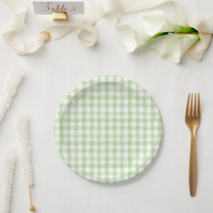 Watercolor Blue and White Hydrangea Green Gingham Paper Plate