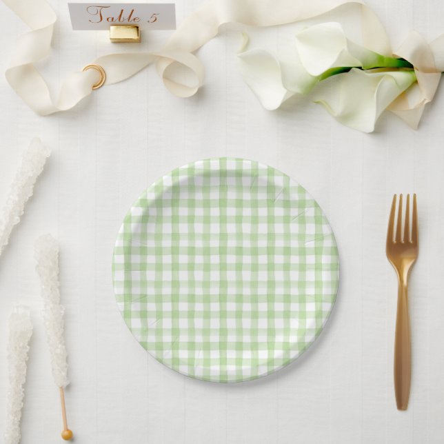 Watercolor Blue and White Hydrangea Green Gingham Paper Plate (Wedding)