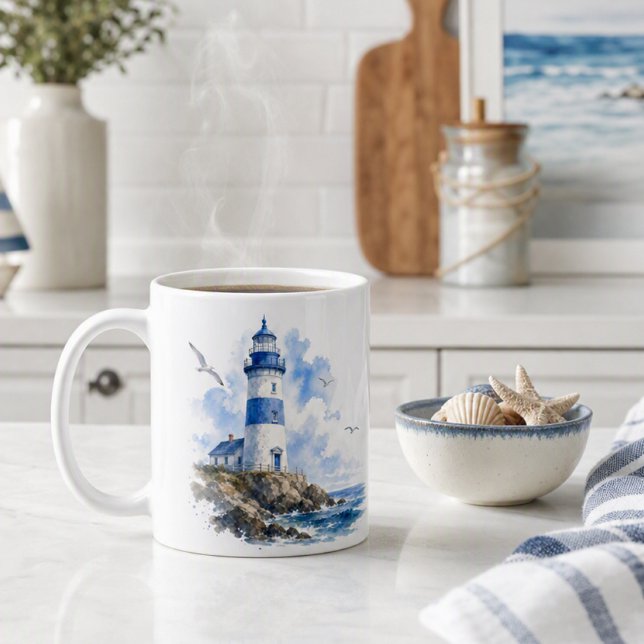 Watercolor Blue and White Lighthouse Coffee Mug (Creator Uploaded)