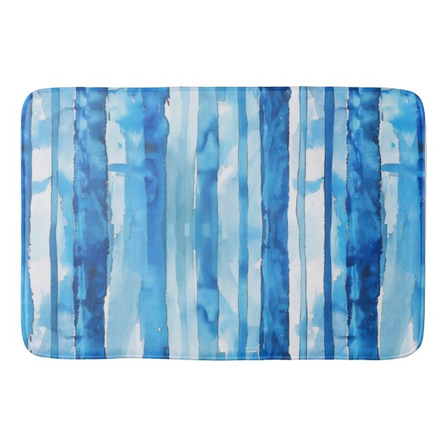 Watercolor Blue and White Striped Bath Mat (Front)