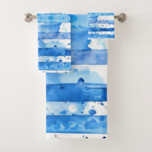 Watercolor Blue and White Striped Beach Decor Bath Towel Set