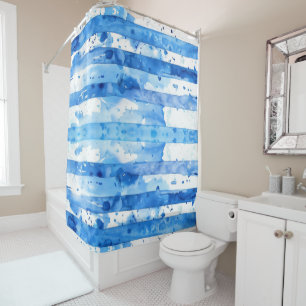 Watercolor Blue and White Striped Beach Decor Shower Curtain