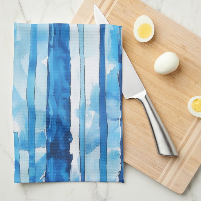 Watercolor Blue and White Striped Tea Towel (Quarter Fold)