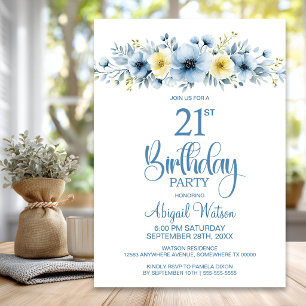 Watercolor Blue and Yellow Floral 21st Birthday Invitation