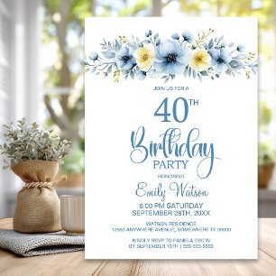 Watercolor Blue and Yellow Floral 40th Birthday Invitation