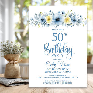 Watercolor Blue and Yellow Floral 50th Birthday Invitation