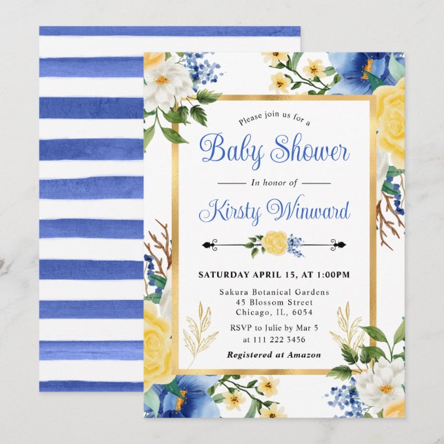 Watercolor Blue and Yellow Flowers Baby Shower Invitation (Front/Back)