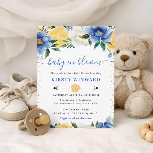 Watercolor Blue and Yellow Flowers Baby Shower Invitation