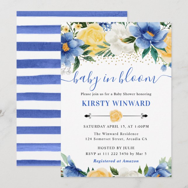 Watercolor Blue and Yellow Flowers Baby Shower Invitation (Front/Back)
