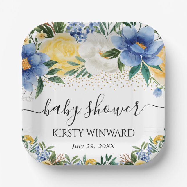 Watercolor Blue and Yellow Flowers Baby Shower Paper Plate (Front)