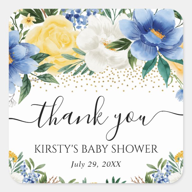Watercolor Blue and Yellow Flowers Baby Shower Square Sticker (Front)