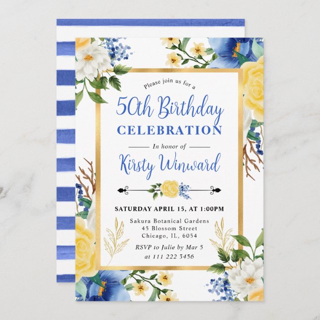 Watercolor Blue and Yellow Flowers Birthday Invitation (Front/Back)