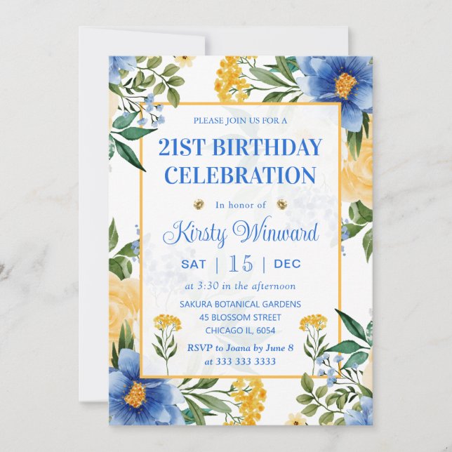 Watercolor Blue and Yellow Flowers Birthday Invitation (Front)