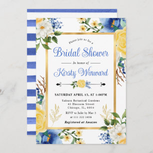 Watercolor Blue and Yellow Flowers Bridal Shower Invitation