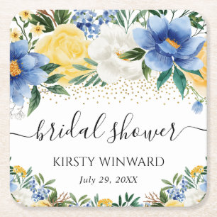 Watercolor Blue and Yellow Flowers Bridal Shower Square Paper Coaster