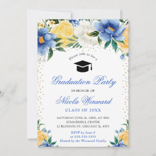 Watercolor Blue and Yellow Flowers Graduation Invitation