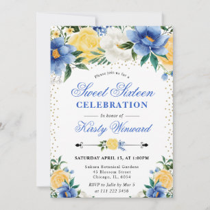 Watercolor Blue and Yellow Flowers Sweet 16 Invitation