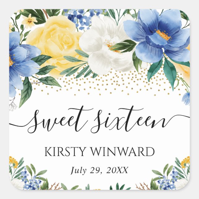 Watercolor Blue and Yellow Flowers Sweet Sixteen Square Sticker (Front)