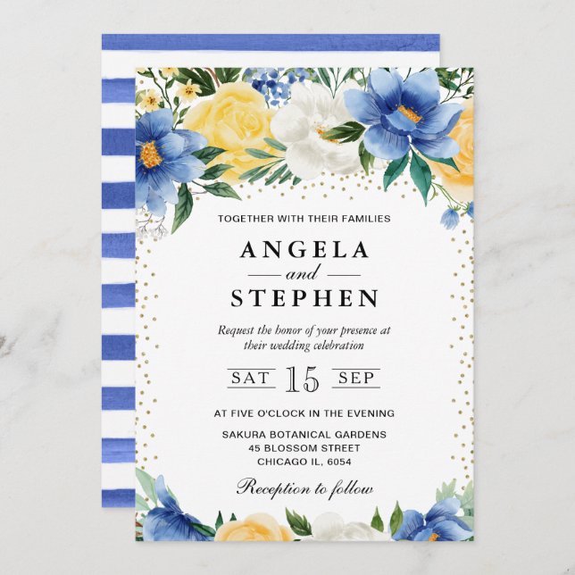 Watercolor Blue and Yellow Flowers Wedding Invitation (Front/Back)