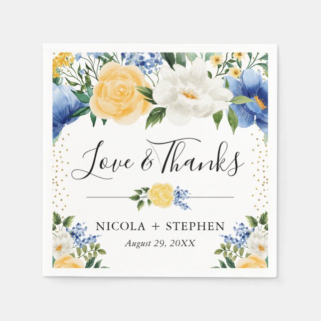 Watercolor Blue and Yellow Flowers Wedding Napkin (Front)