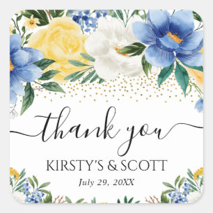 Watercolor Blue and Yellow Flowers Wedding Square Sticker