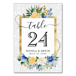 Watercolor Blue and Yellow Flowers Wedding Table Number