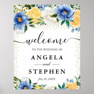 Watercolor Blue and Yellow Flowers Wedding Welcome Poster