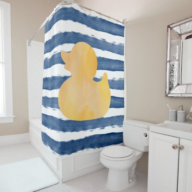 Watercolor Blue and Yellow Rubber Duck Shower Curtain (In Situ)