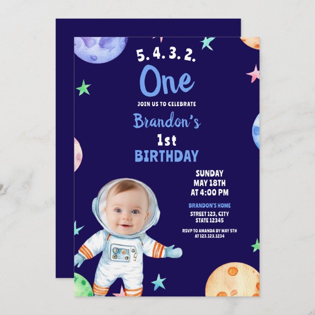 Watercolor Blue Astronaut Baby Photo 1st Birthday Invitation (Front/Back)