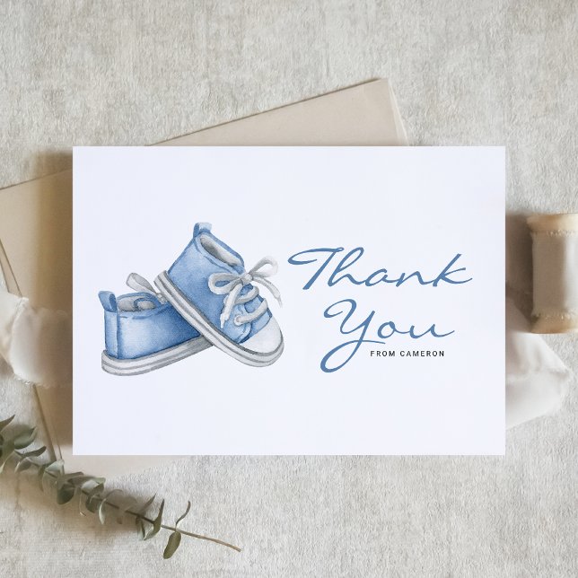 Watercolor Blue Baby Booties Baby Shower Thank You Card (Creator Uploaded)