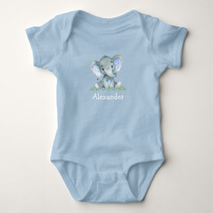 Watercolor Blue Baby Elephant on Greenery Blue Bodysuit