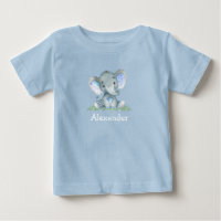 Watercolor Blue Baby Elephant on Greenery Blue