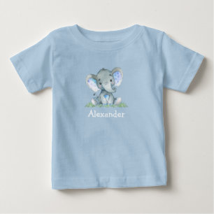 Watercolor Blue Baby Elephant on Greenery Blue T-Shirt