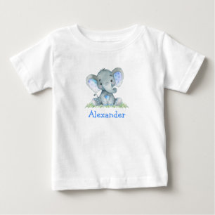 Watercolor Blue Baby Elephant on Greenery T-Shirt