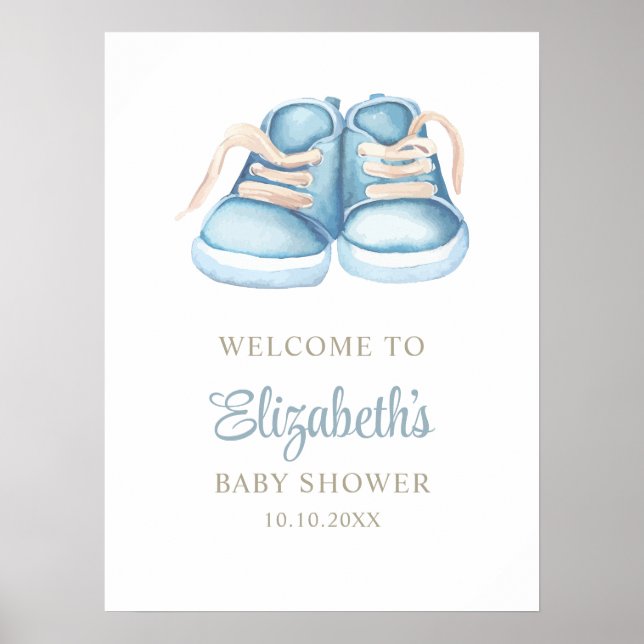 Watercolor Blue Baby Shoes Baby Shower  Poster (Front)