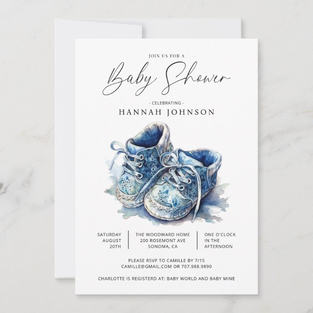 Watercolor Blue Baby Shoes Boy Baby Shower  Invitation (Front)