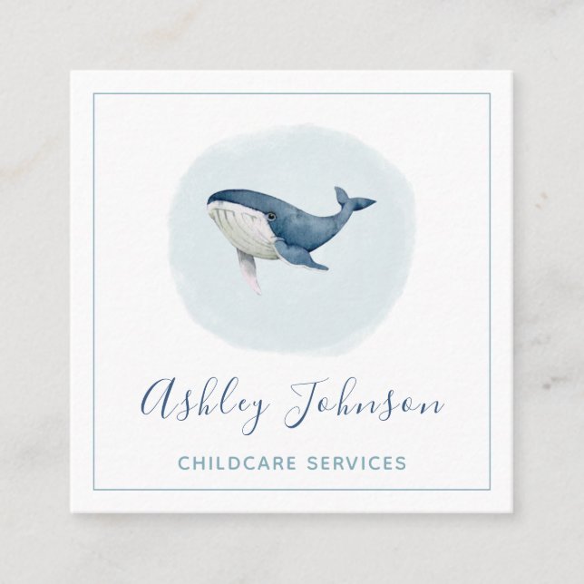 Watercolor Blue Baby Whale Babysitter Childcare Square Business Card (Front)