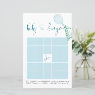 Watercolor Blue Balloon Baby Shower Bingo Game