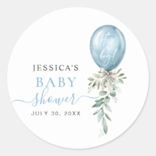 Watercolor Blue Balloon Bow Greenery Baby Shower Classic Round Sticker