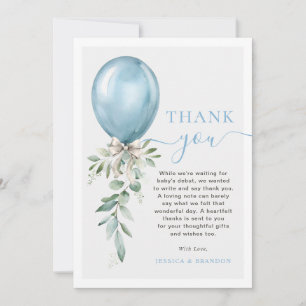 Watercolor Blue Balloon Bow Greenery Baby Shower Thank You Card