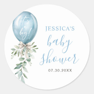 Watercolor Blue Balloon Greenery Baby Shower Classic Round Sticker