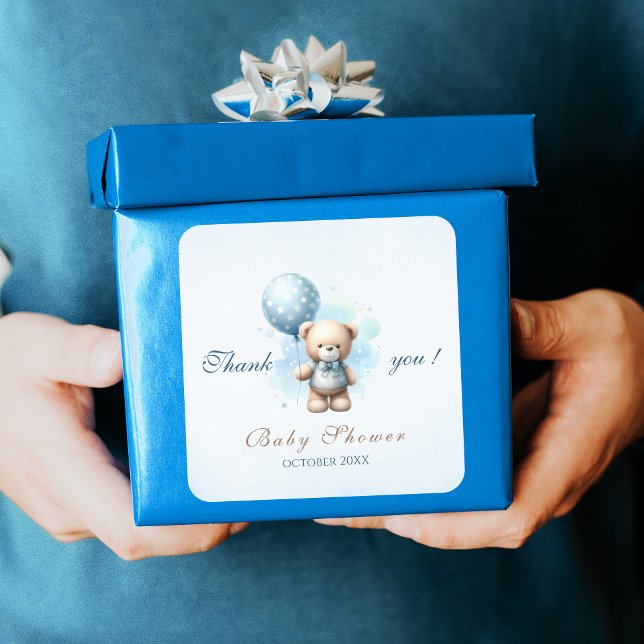 Watercolor Blue Balloon Teddy Bear Baby Shower Square Sticker (Creator Uploaded)