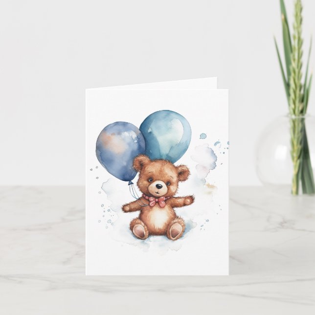 Watercolor Blue Balloons Brown Teddy Bear Card (Front)