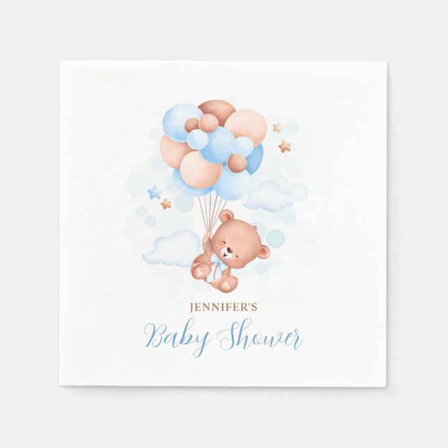 Watercolor Blue Balloons Teddy Bear Baby Shower Napkin (Front)